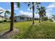 House's backyard with grassy lawn, palm trees, and partial view of house at 1252 Lyndhurst Greens Dr, Sun City Center, FL 33573