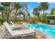 Kidney shaped pool surrounded by a brick patio, lounge chairs, lush landscaping, and grilling area at 906 W Henry Ave, Tampa, FL 33604