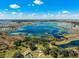 Aerial image showing a beautiful lake surrounded by natural landscapes and a residential community at 9804 Rowing Dale Bnd, Wesley Chapel, FL 33545