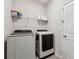 Efficient laundry room equipped with a modern washer, dryer, and storage shelving at 9804 Rowing Dale Bnd, Wesley Chapel, FL 33545