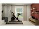 Modern home gym with Peloton bike, weights, and storage at 10236 Alder Green Dr, Riverview, FL 33578