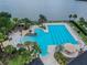 Aerial view of a community pool featuring lounge chairs and tropical landscaping overlooking a lake at 11132 Roseate Dr, Tampa, FL 33626