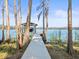 Wooden walkway leads to a private boat dock on the lake at 16320 Rock Lake Dr, Odessa, FL 33556