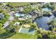 Aerial view of the community amenities, including the pool, basketball court, and lake at 4110 Huntingdale Ct, Wesley Chapel, FL 33543