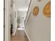 Hallway featuring wood floors, staircase, and decorative straw wall hangings at 14866 Paddock Pond Ave, Lithia, FL 33547