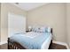 Cozy bedroom features a comfortable bed with blue patterned comforter and matching pillows, plus a white closet at 12099 Gavin Ln, Odessa, FL 33556