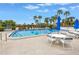 Community pool and patio with tables, chairs, and blue umbrellas at 220 Belleview Blvd # 108, Belleair, FL 33756