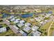 A wide aerial view showcasing the community, a pool, scenic lake and lush landscaping at 1901 Andover Way # 32, Sun City Center, FL 33573