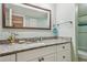 Bathroom featuring a granite countertop, white cabinets, a large mirror, and modern fixtures at 301 Mariner Dr # 301, Tarpon Springs, FL 34689