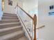 Carpeted staircase features white and wood banisters leading to the upper level, and an open view of the main level at 6467 Willowshire Way, Bradenton, FL 34212