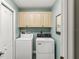 Well-equipped laundry room with cabinetry above the washer and dryer for storage at 684 Bayway Blvd, Clearwater, FL 33767