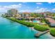 Beautiful aerial view of waterfront condos, featuring a long dock and pool, under blue skies at 6268 Palma Del Mar S Blvd # 101, St Petersburg, FL 33715