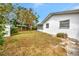 A view of the backyard with a large tree, green grass, and the side of the house at 14005 Leeward Dr, Seminole, FL 33776