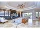 Spacious living room with fireplace and built-in shelving, leading to a covered patio at 18531 Lithia Ranch Rd, Lithia, FL 33547