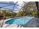 Inviting screened-in pool area with blue seating and lush landscaping at 5292 Kernwood Ct, Palm Harbor, FL 34685