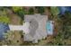 Aerial view of a house featuring a backyard pool, patio, and a driveway with lush landscaping at 8510 Kentucky Derby Dr, Odessa, FL 33556