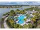 Aerial view of a resort-style pool and clubhouse with palm trees and lounge chairs overlooking a lake at 10063 Celtic Ash Dr, Ruskin, FL 33573