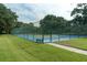 Outdoor tennis court surrounded by lush greenery, providing a private and scenic recreational space at 102 Brent Cir, Oldsmar, FL 34677