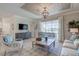 Well-lit living room with stylish furnishings, a ceiling design feature, and a view to the outdoor patio at 11297 Pinot Dr, Venice, FL 34293