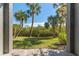 Lush backyard view through an opening featuring palm trees and vibrant green grass, creating a tranquil outdoor space at 1440 Harbour Walk Rd, Tampa, FL 33602