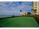 Community putting green overlooking the waterfront with condominium building and palm trees at 4525 Cove Cir # 805, St Petersburg, FL 33708