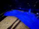 A nighttime view of an in-ground screened pool is illuminated with blue lighting for a relaxing ambiance at 12478 93Rd Way, Largo, FL 33773