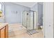 Bathroom featuring a shower and tub with tile floors, a wooden cabinet, and blue painted walls at 1645 Fennsbury Ct, Wesley Chapel, FL 33544