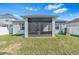 The screened-in lanai offers a cozy spot with outdoor furniture, perfect for relaxation and enjoying the backyard view at 1645 Fennsbury Ct, Wesley Chapel, FL 33544