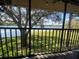 Enjoy beautiful lake views from this peaceful screened-in patio with a black metal railing and mature tree at 2070 Lakeview Dr # 206, Clearwater, FL 33763