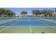 Wide shot of well-maintained tennis courts showcasing vibrant green and blue surfaces, complemented by mature trees at 2441 Persian Dr # 53, Clearwater, FL 33763