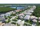 Aerial view of a waterfront community with lush landscaping, a lake and beautiful houses at 923 Seagrape Dr, Ruskin, FL 33570