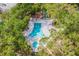 Aerial view of the community pool surrounded by shady trees and the clubhouse at 860 Virginia St # 303, Dunedin, FL 34698