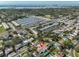 An aerial view displays a quiet neighborhood, with lush greenery surrounding a home with a private pool at 12341 79Th Pl, Seminole, FL 33772