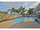 Backyard pool featuring mature palm trees, fence, and convenient ladder access for easy entry and exit at 12341 79Th Pl, Seminole, FL 33772