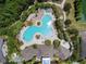 Aerial view of a community pool featuring a unique design, surrounded by lush landscaping and lounge chairs at 1896 Tallulah Ter, Wesley Chapel, FL 33543