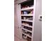 White, pull-out pantry shelves filled with various groceries and sundries for organized and accessible storage at 1900 68Th N St # 104, St Petersburg, FL 33710