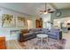 Bright living room featuring vaulted ceilings, a ceiling fan, and comfortable gray furniture at 3089 Enisglen Dr, Palm Harbor, FL 34683