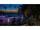 A serene backyard at dusk includes palm trees and a covered patio at 614 Maryland Ave, Crystal Beach, FL 34681