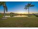 Scenic view of a pond and golf course from the home's backyard, framed by two palm trees at 2011 Captiva Ct, Sun City Center, FL 33573