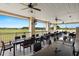 Covered outdoor seating area features ample tables and chairs, with serene views of the golf course at 29447 Schinnecock Hills Ln, San Antonio, FL 33576