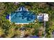 Overhead view of the beautiful backyard and pool with lounge chairs, dining table and lush landscaping at 3005 S Miller Rd, Valrico, FL 33596