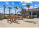 Outdoor lounge area with picnic tables, chairs, and umbrellas located near the community pool at 36642 Garden Wall Way, Zephyrhills, FL 33541