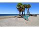 Picturesque beach scene with inviting blue chairs and tables, fringed by palm trees and ocean views at 4812 Jasper Dr Dr # 101, New Port Richey, FL 34652