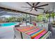 Outdoor patio with dining table, kitchen island, and view of the pool area at 6531 Clair Shore Dr, Apollo Beach, FL 33572