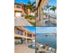 Exterior combination shot showcasing the home's front view, balcony, back patio, and aerial location at 854 Bay Point Dr, Madeira Beach, FL 33708