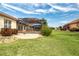 Backyard view of screened lanai, mature landscaping and green grass at 1115 Signature Dr, Sun City Center, FL 33573