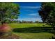 A manicured golf course is visible with players and a golf cart, set against a blue sky and mature trees at 1115 Signature Dr, Sun City Center, FL 33573
