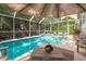 Screened-in pool with a waterfall feature and ample seating for relaxation at 1312 Gulf Rd, Tarpon Springs, FL 34689