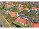 Aerial view of condo complex featuring manicured landscaping, community pool, and designated parking areas at 1801 E Lake Rd # 9G, Palm Harbor, FL 34685