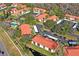 An aerial view displays a residential community featuring red-tiled roofs, a swimming pool, and ample parking at 1801 E Lake Rd # 9G, Palm Harbor, FL 34685